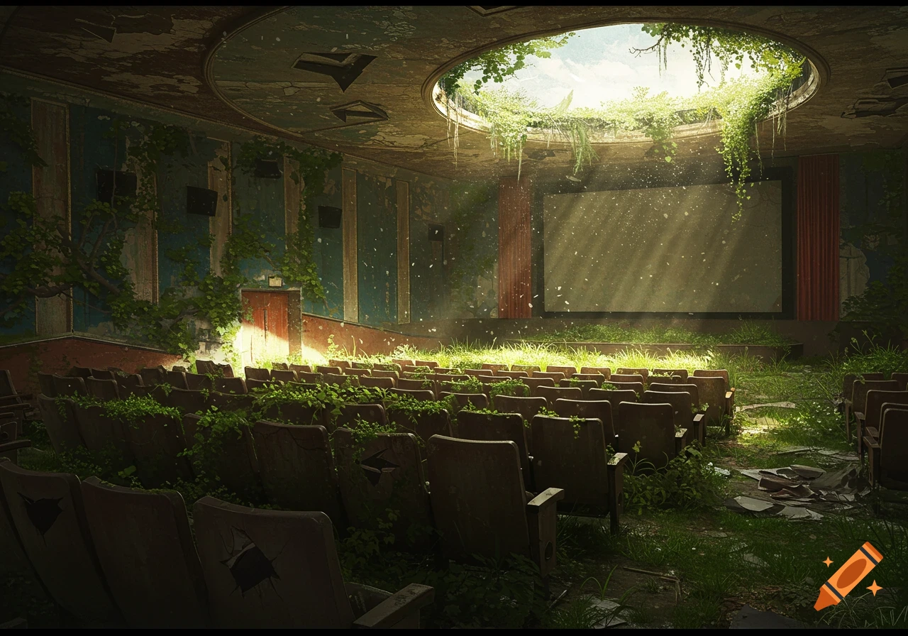 An abandoned cinema overgrown with vines and grass, lit by sunbeams through a hole in the ceiling.