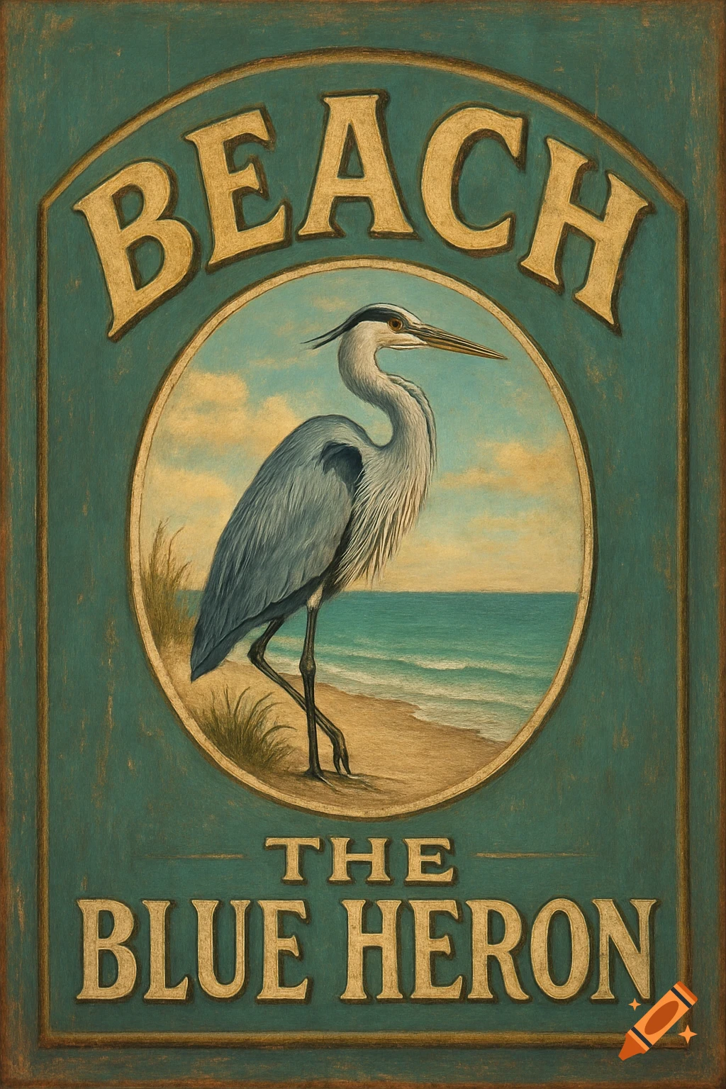 Painted beach sign with 'BEACH THE BLUE HERON' and a heron on the sand.