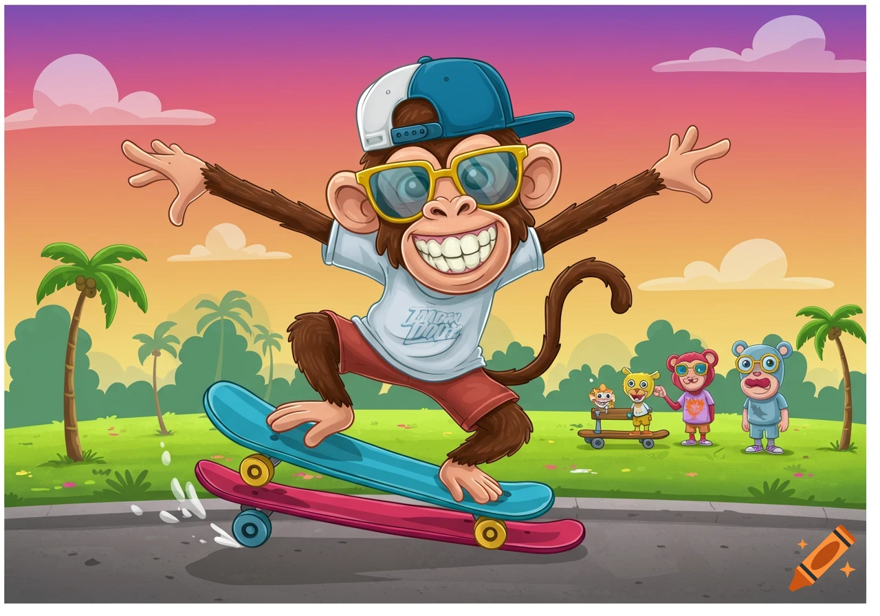 Cartoon monkey in sunglasses and cap skateboarding past other cartoon animals in a park.
