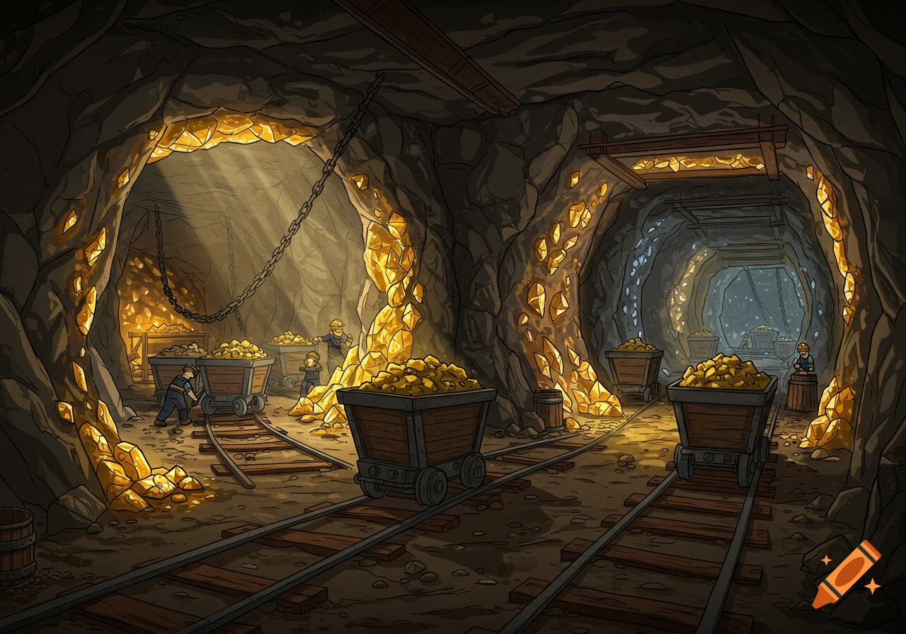 2D illustration of miners working in a gold mine, pushing carts filled with ore along rail tracks.