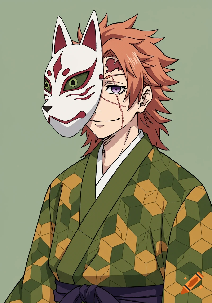 Anime character with a fox mask and scarred face wearing a green and yellow geometric kimono.