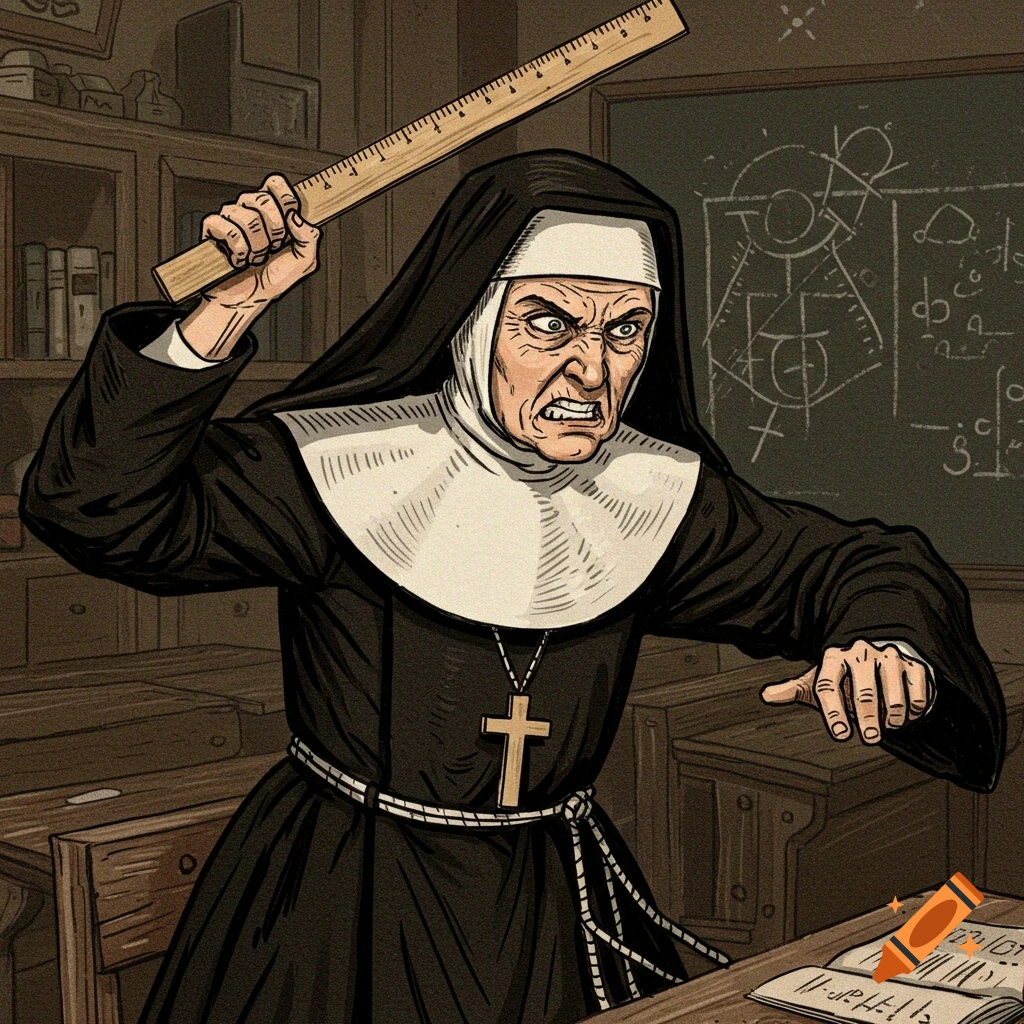 Angry nun swings ruler in classroom, vintage illustration.