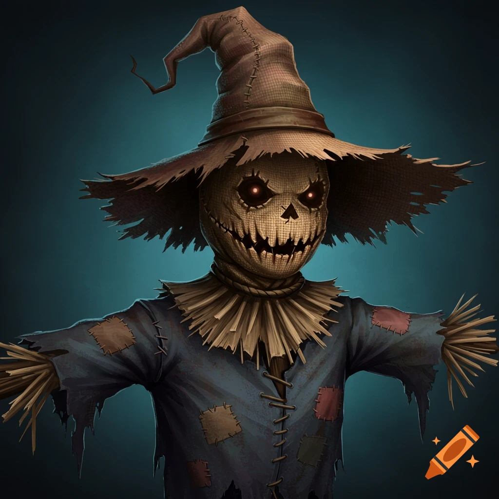 Close-up digital art portrait of a scary scarecrow with glowing red eyes and a stitched burlap face.