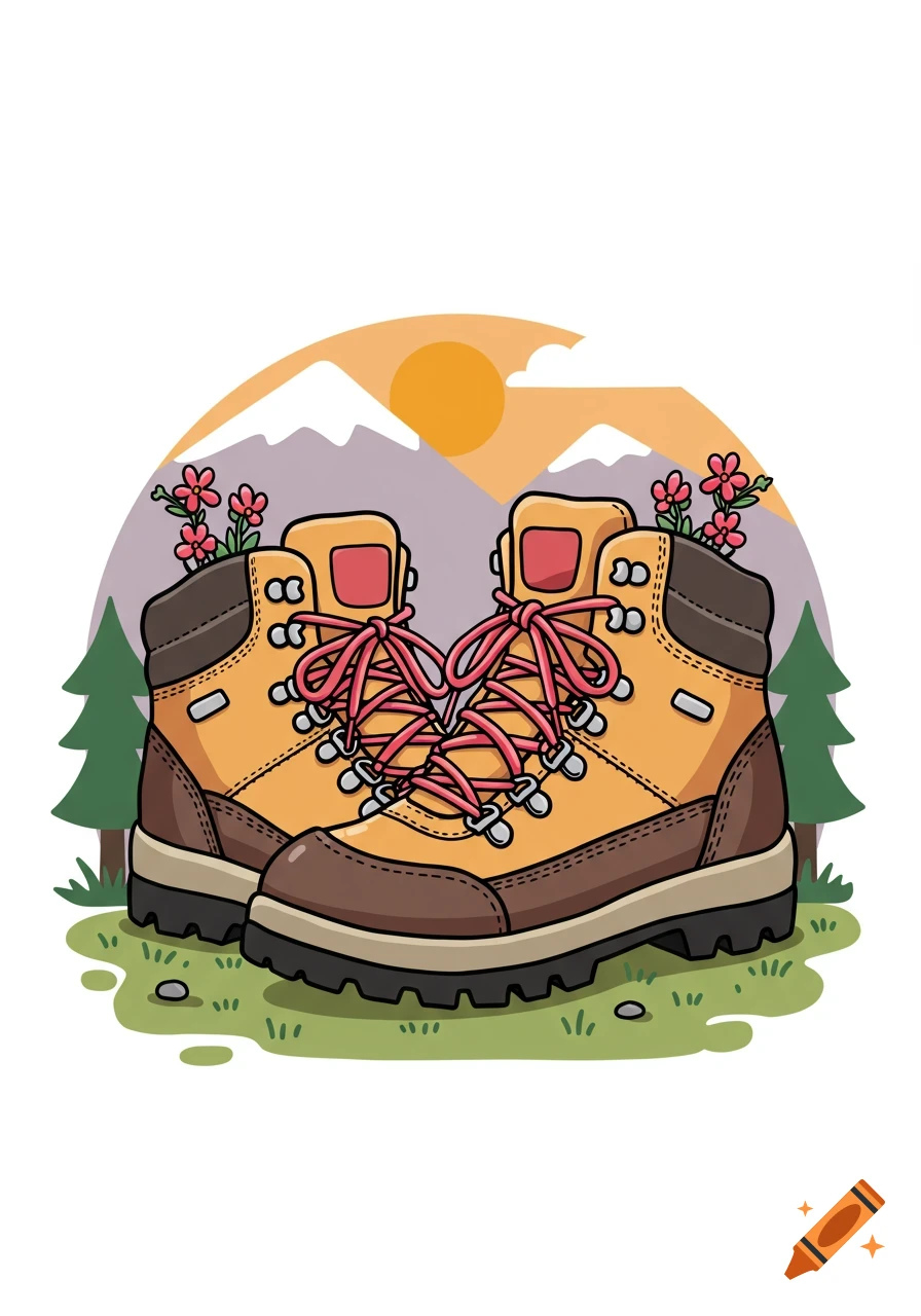 Graphic art illustration of hiking boots with heart-shaped laces and flowers, mountains and trees in background.