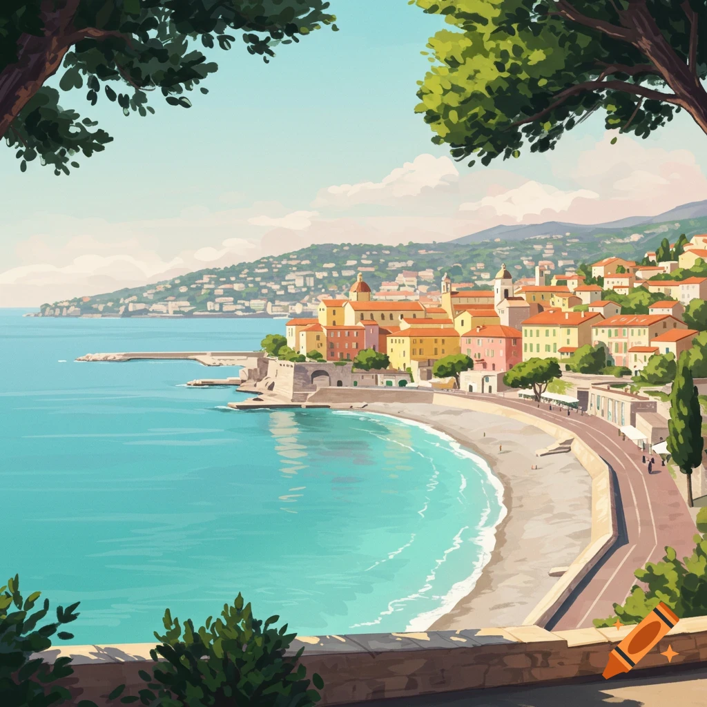 Illustration of a colorful coastal town and beach along a bay, seen through trees.