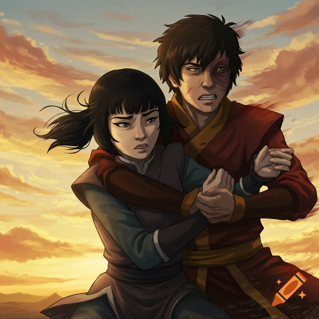 Anime illustration of Zuko holding Mai against a sunset sky.