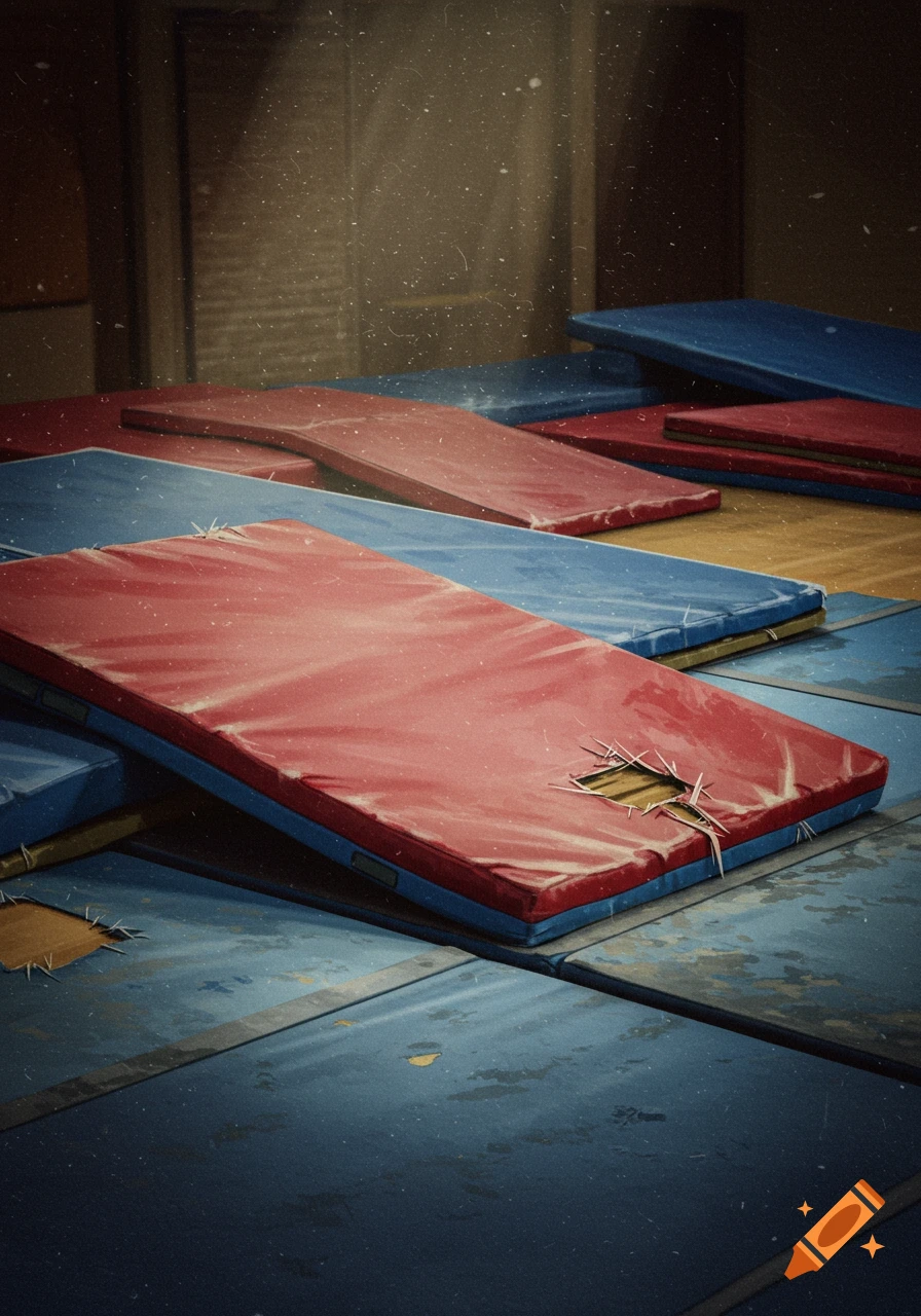 Close-up view of stacked old, worn red and blue gym mats with dust and dirt.