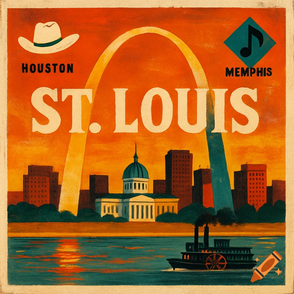 Vintage style travel poster of St. Louis skyline with Gateway Arch, riverboat, and text 'ST. LOUIS', 'HOUSTON', 'MEMPHIS'.