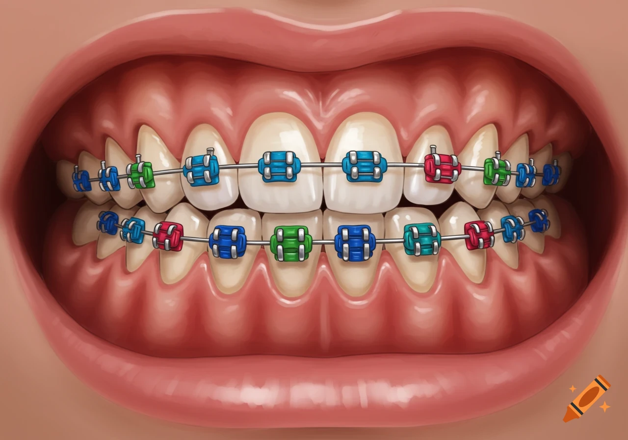 Close-up illustration of teeth with colorful braces.