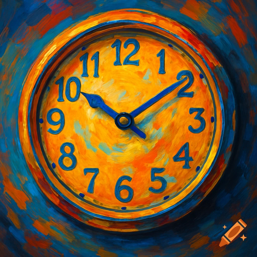 Colorful oil painting of a clock showing 9:05.
