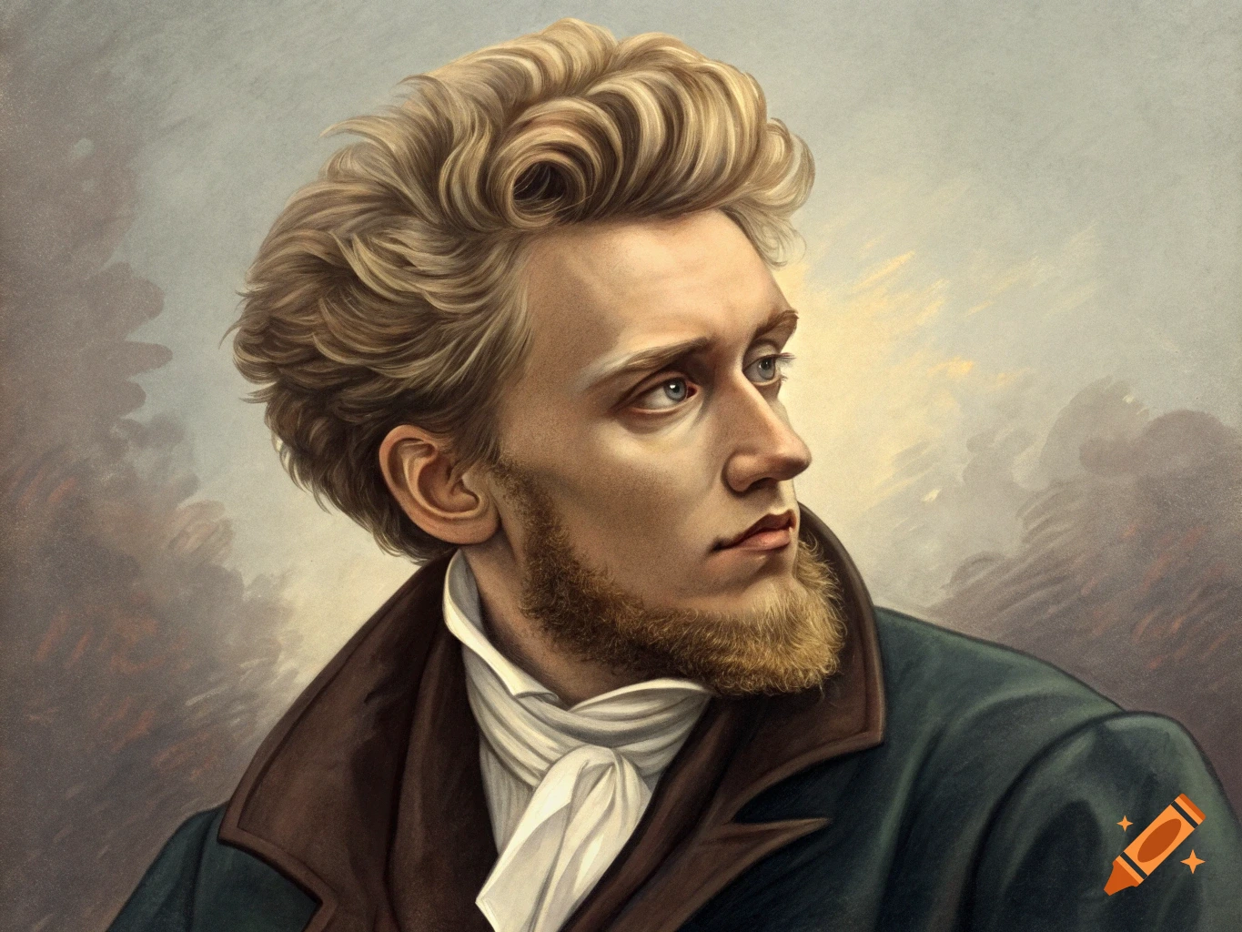 Portrait of a man with blonde hair and beard wearing historical clothes, in a painterly style.