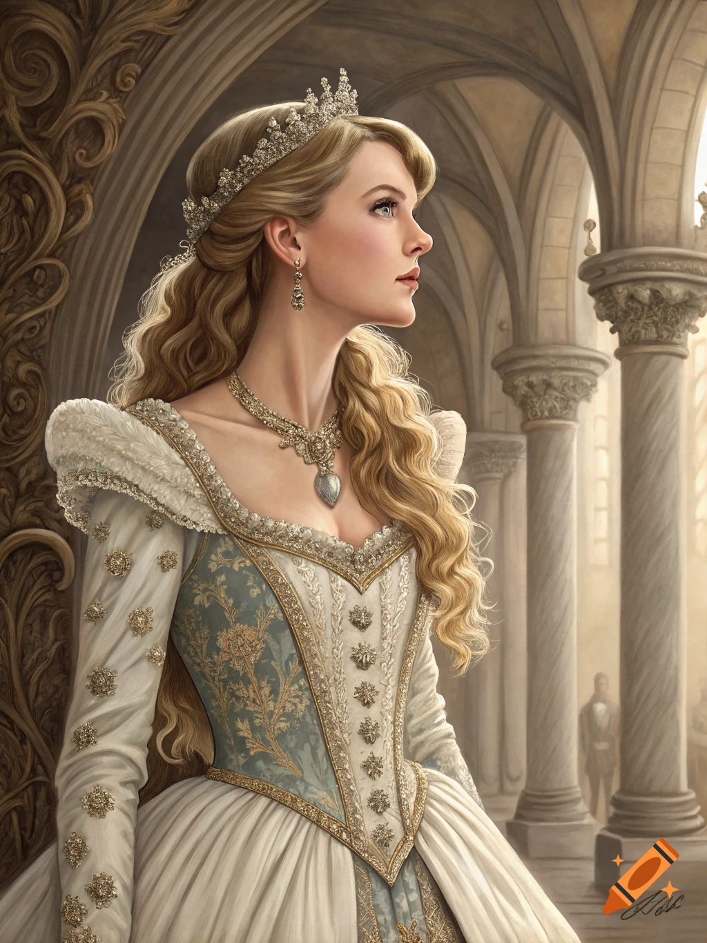 Woman in ornate Renaissance princess dress and tiara standing in a grand hall.