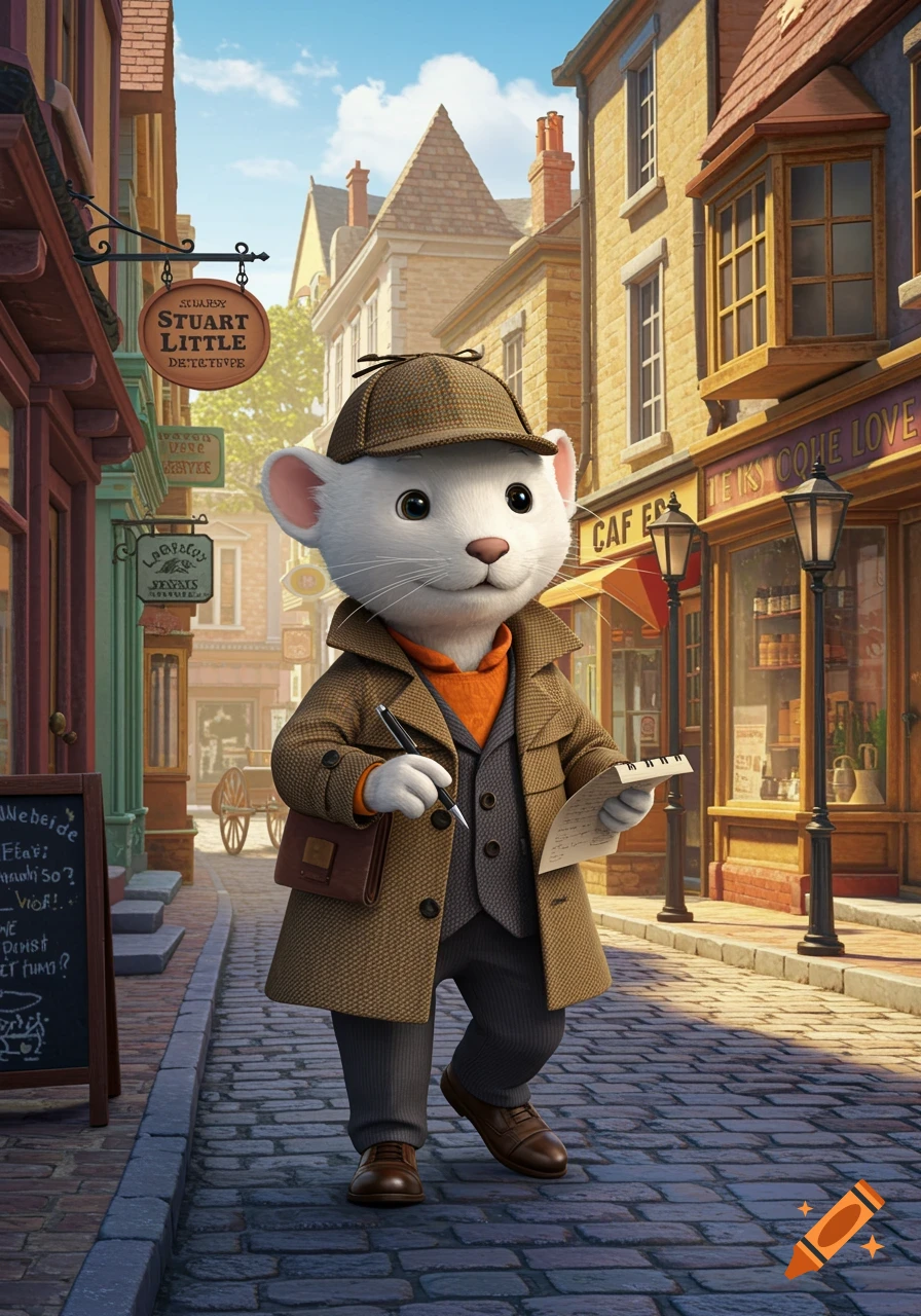 A cartoon mouse dressed as a detective stands on a cobblestone street, holding a pen and notebook.
