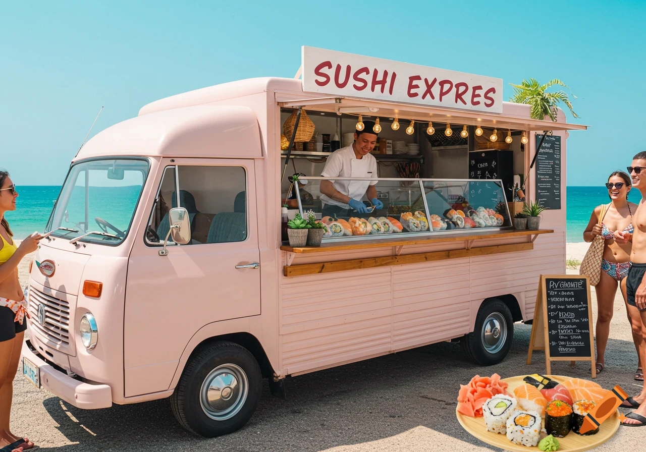 Pink sushi food truck on a beach.