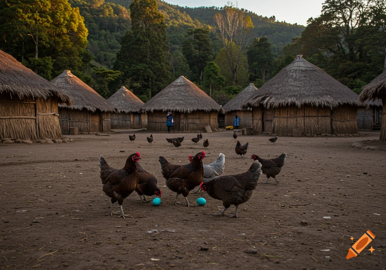 Chickens roam in a village with thatched huts at the base of a forested mountain.