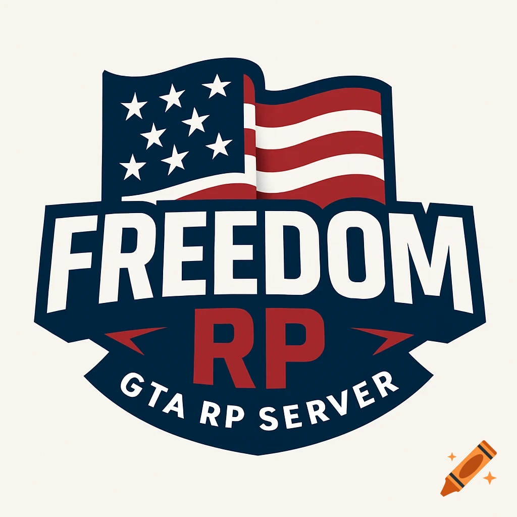 Logo with American flag and text 'Freedom RP GTA RP Server'.