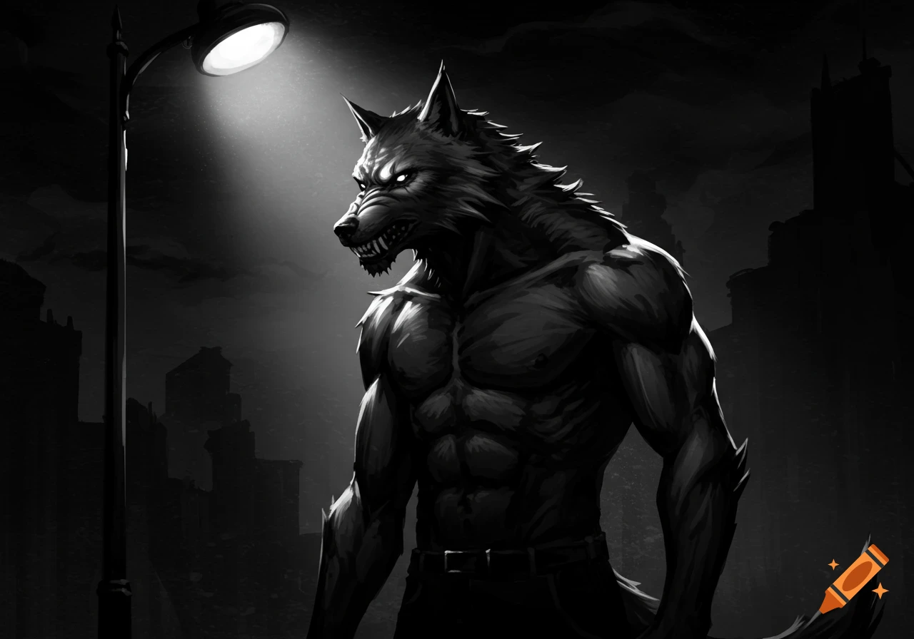 Muscular werewolf stands under a street light in a black and white urban scene.