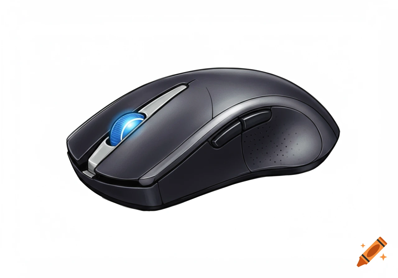 A black and silver computer mouse with a glowing blue scroll wheel on a white background.