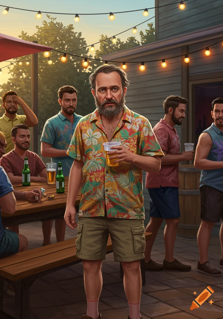 Realistic illustration of men drinking at an outdoor party with string lights.