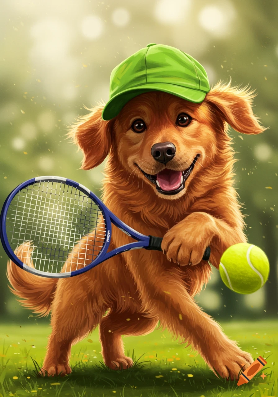 An illustration of a happy golden retriever wearing a green hat and holding a tennis racket.