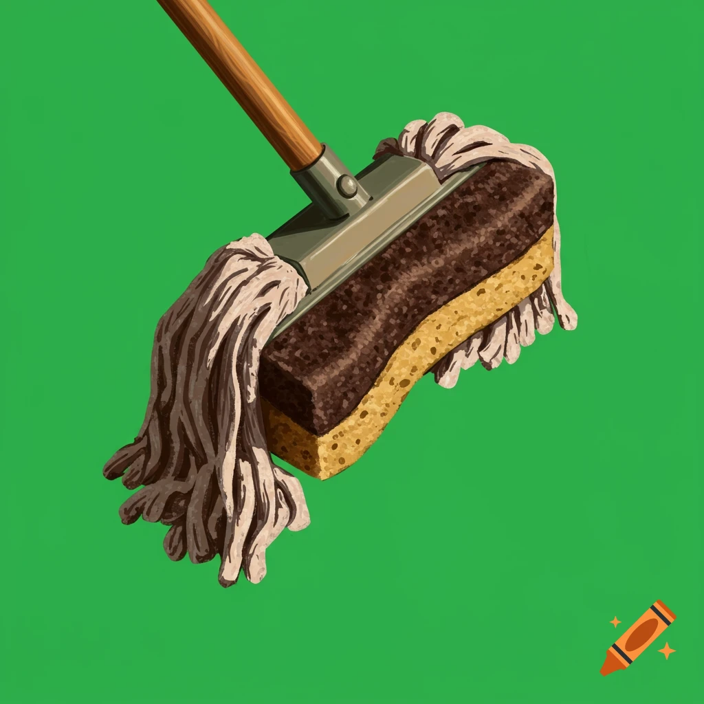 A mop head replaced by a brown and yellow sponge-like block against a green background.