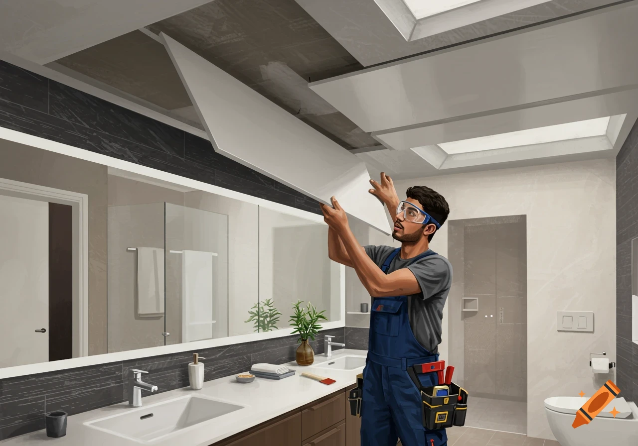 A man in overalls and goggles installs ceiling panels in a modern bathroom.