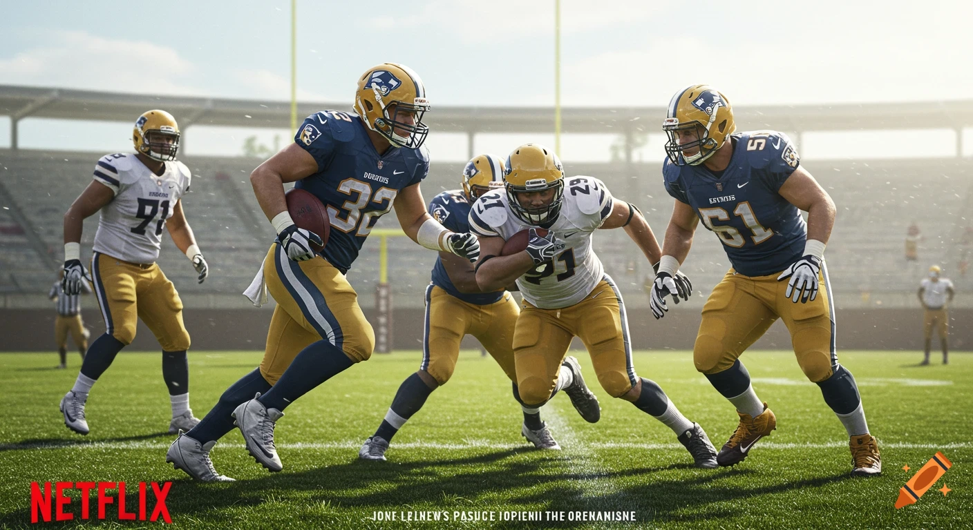 Cinematic artwork of American football players on a field, mid-game.