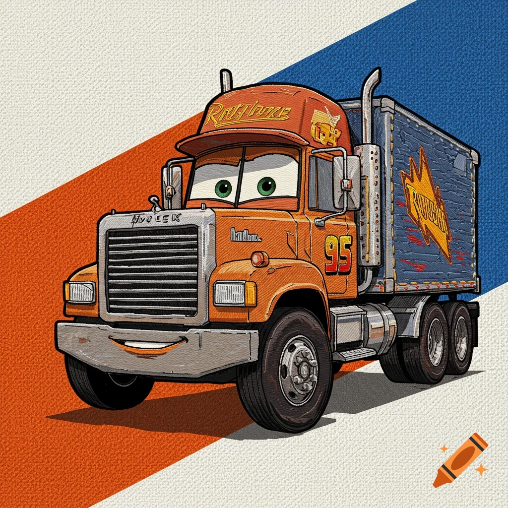 Cartoon truck resembling Mack from Cars movie as an embroidery patch.