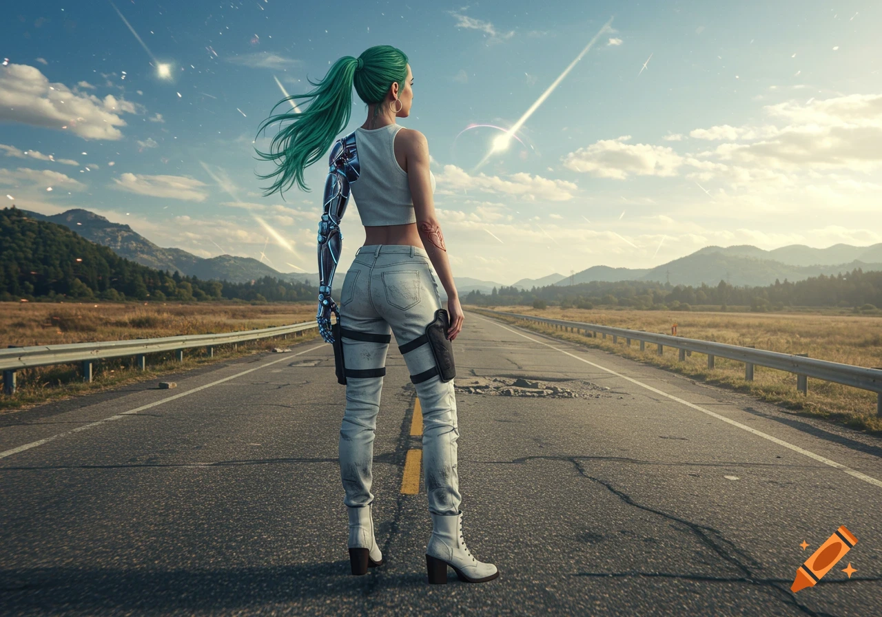 A cybernetic woman stands on a damaged road looking at meteors in a post-apocalyptic landscape. Photorealistic style.