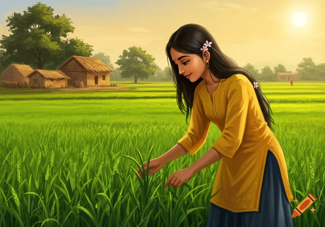 Woman tending crops in a field with village houses in the background.