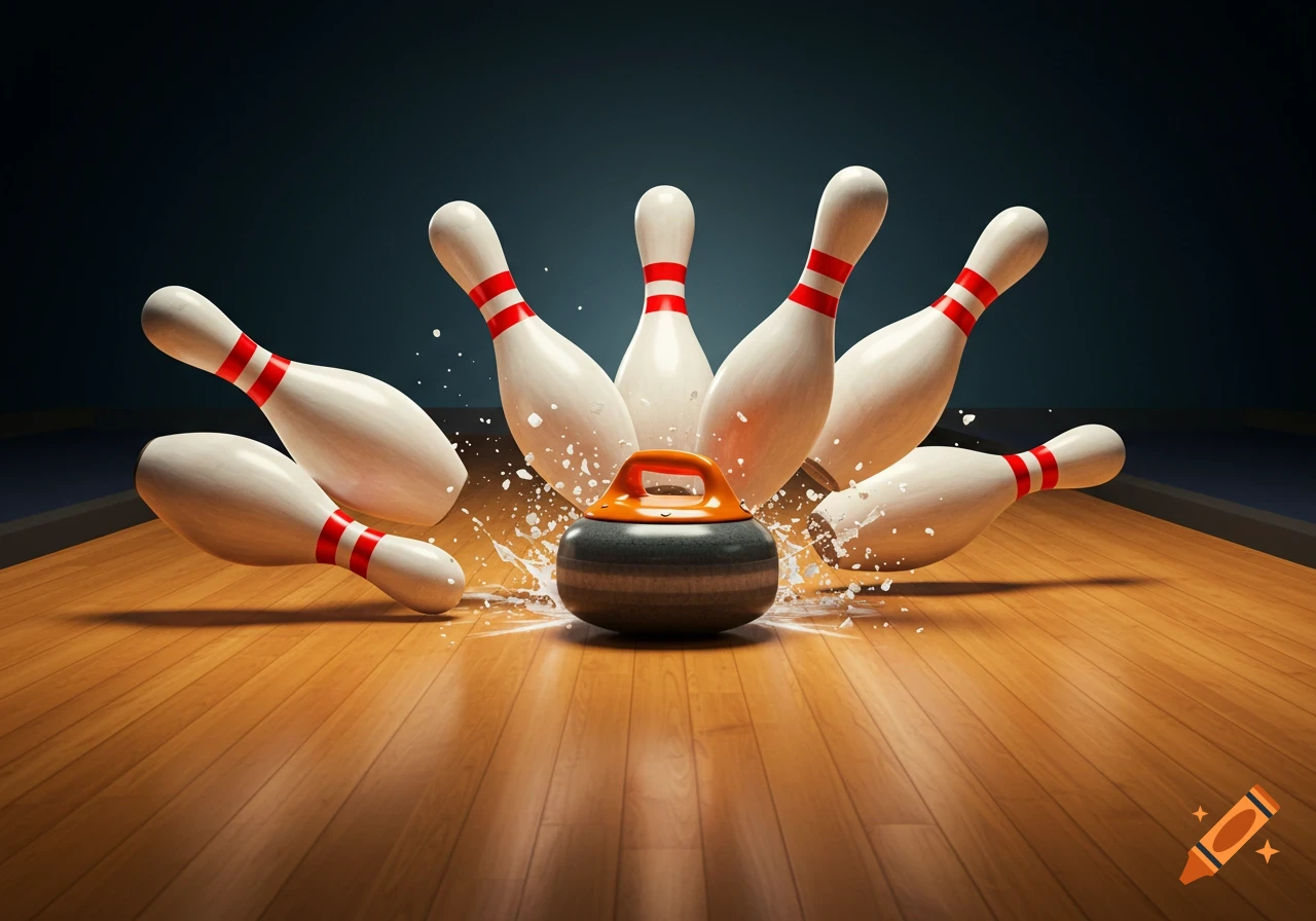 Curling rock hitting bowling pins with splash on wooden lane