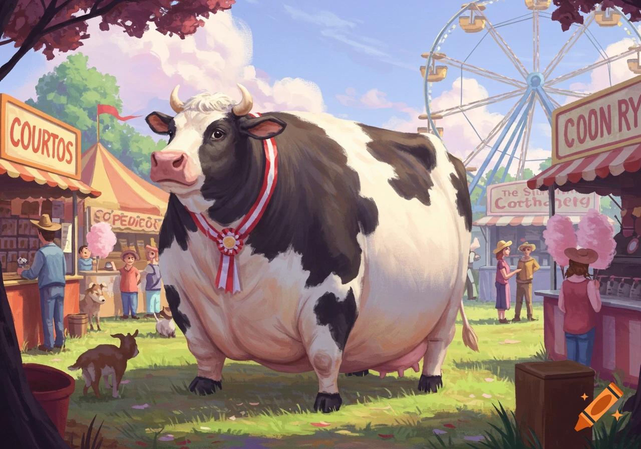A morbidly obese cow stands prominently at a country fair, surrounded by people, stands, and a ferris wheel.
