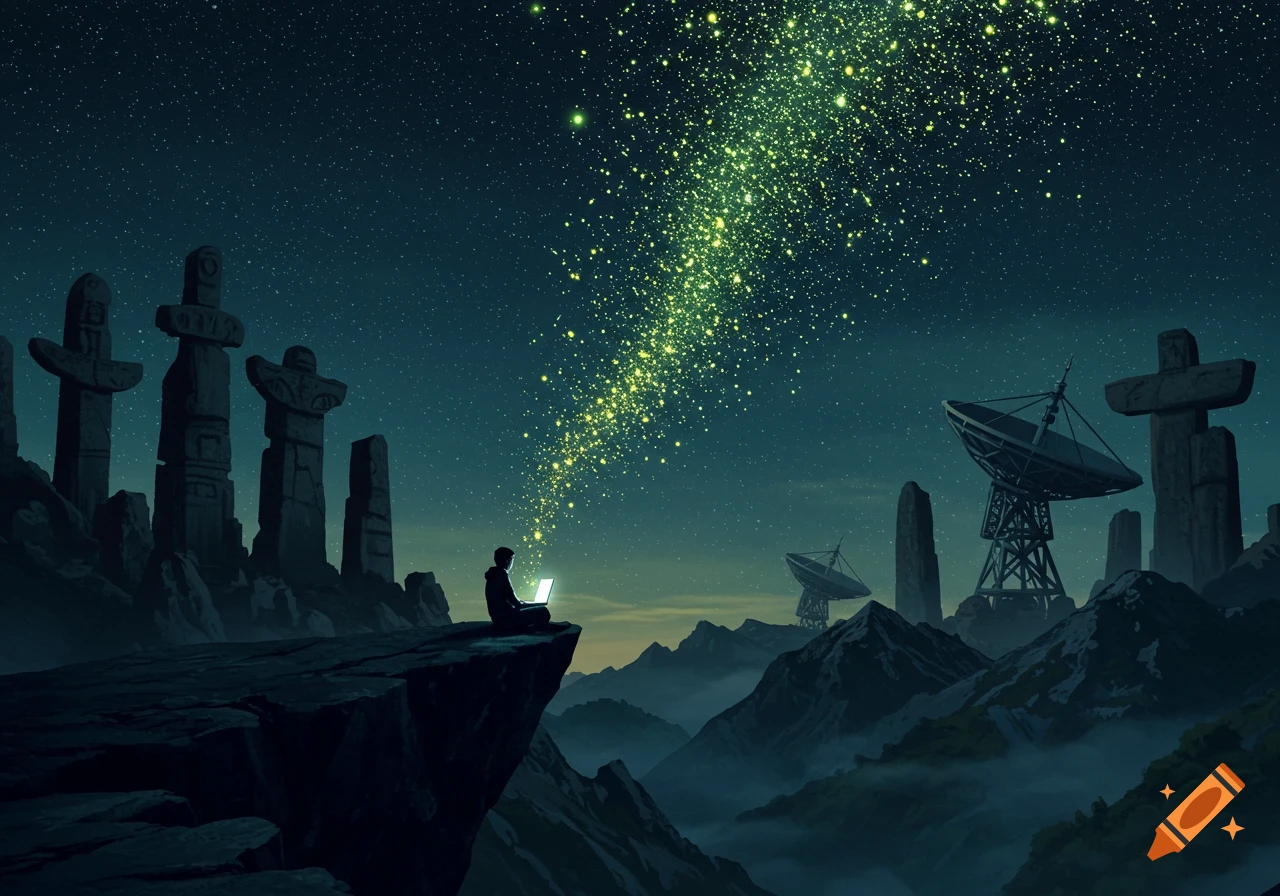 Person with glowing laptop on cliff under starry sky with data stream, ancient totems, and satellite dishes in mountain landscape.