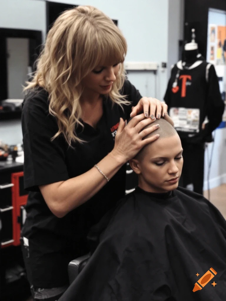 A woman gets her head shaved by a stylist in a salon.