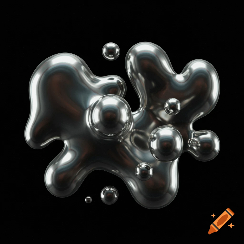 Shiny liquid metallic chrome blobs on black background.