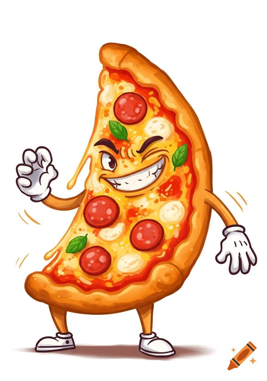 Cartoon slice of pizza character winking and waving