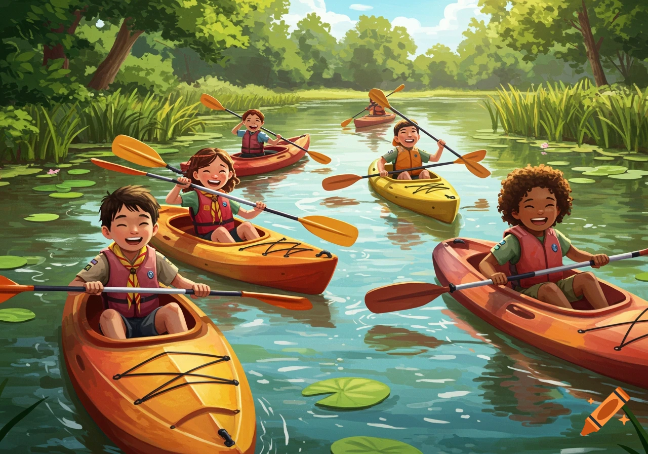 Happy scout kids kayaking on a sunny river