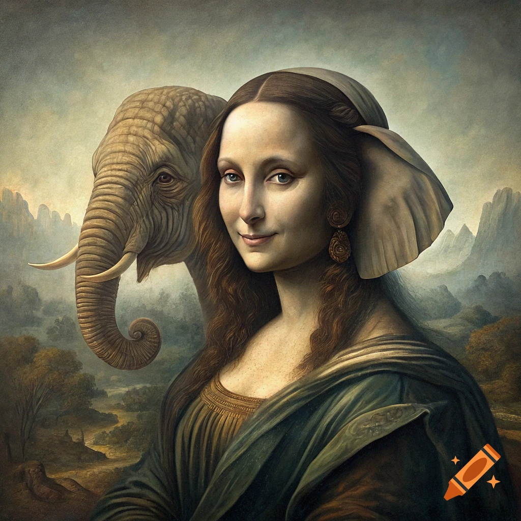 Surreal painting of a figure resembling Mona Lisa combined with an elephant.
