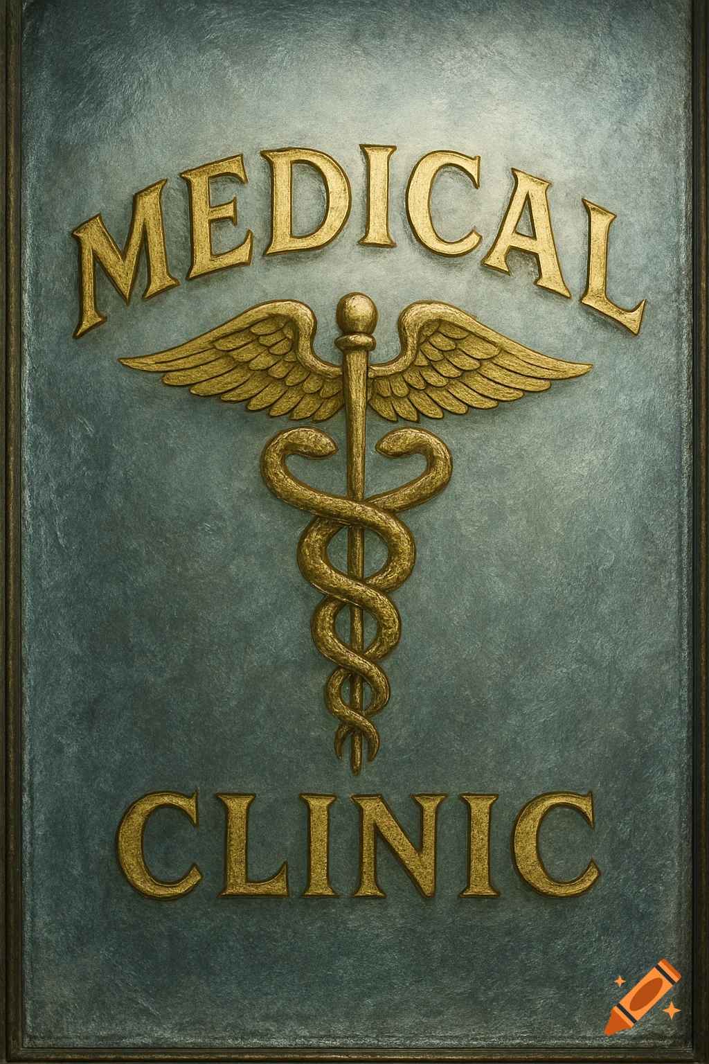 Gold 'Medical Clinic' sign with caduceus symbol on a frosted antique background.