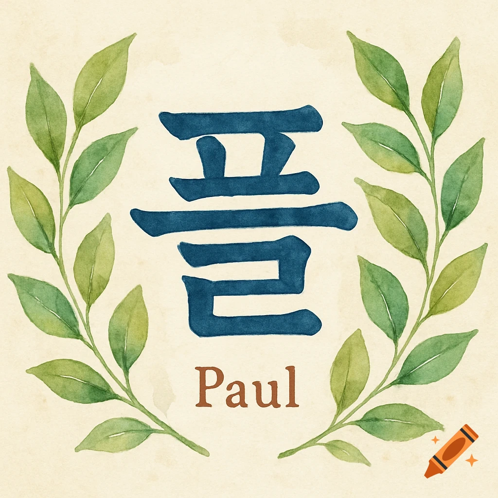 Watercolor illustration of the Korean characters 폴 and the English word Paul surrounded by green leaves.