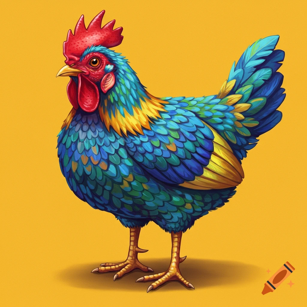A brightly colored, stylized illustration of a chicken with blue, green, yellow, and red feathers on a yellow background.