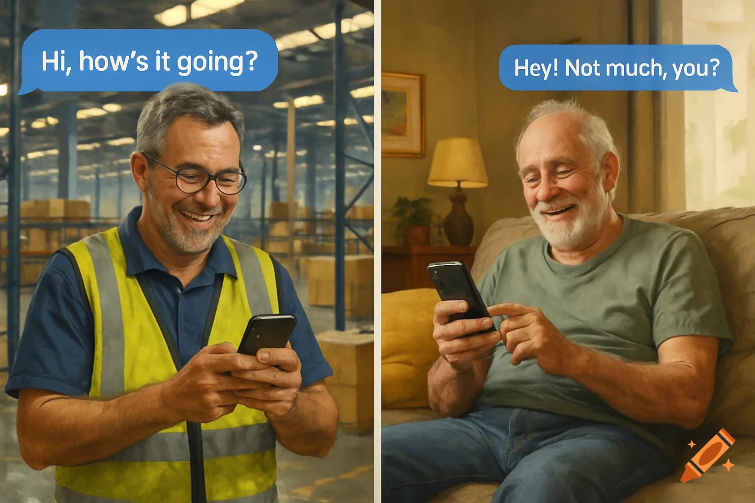 Two men text on phones, one in a warehouse and one at home.