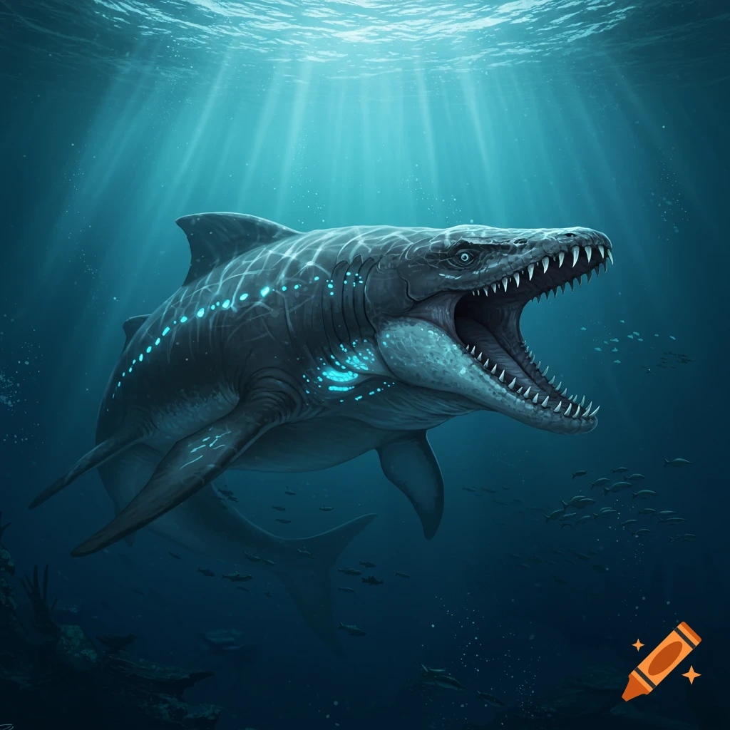 Large fantasy marine creature with glowing markings swims underwater, mouth open