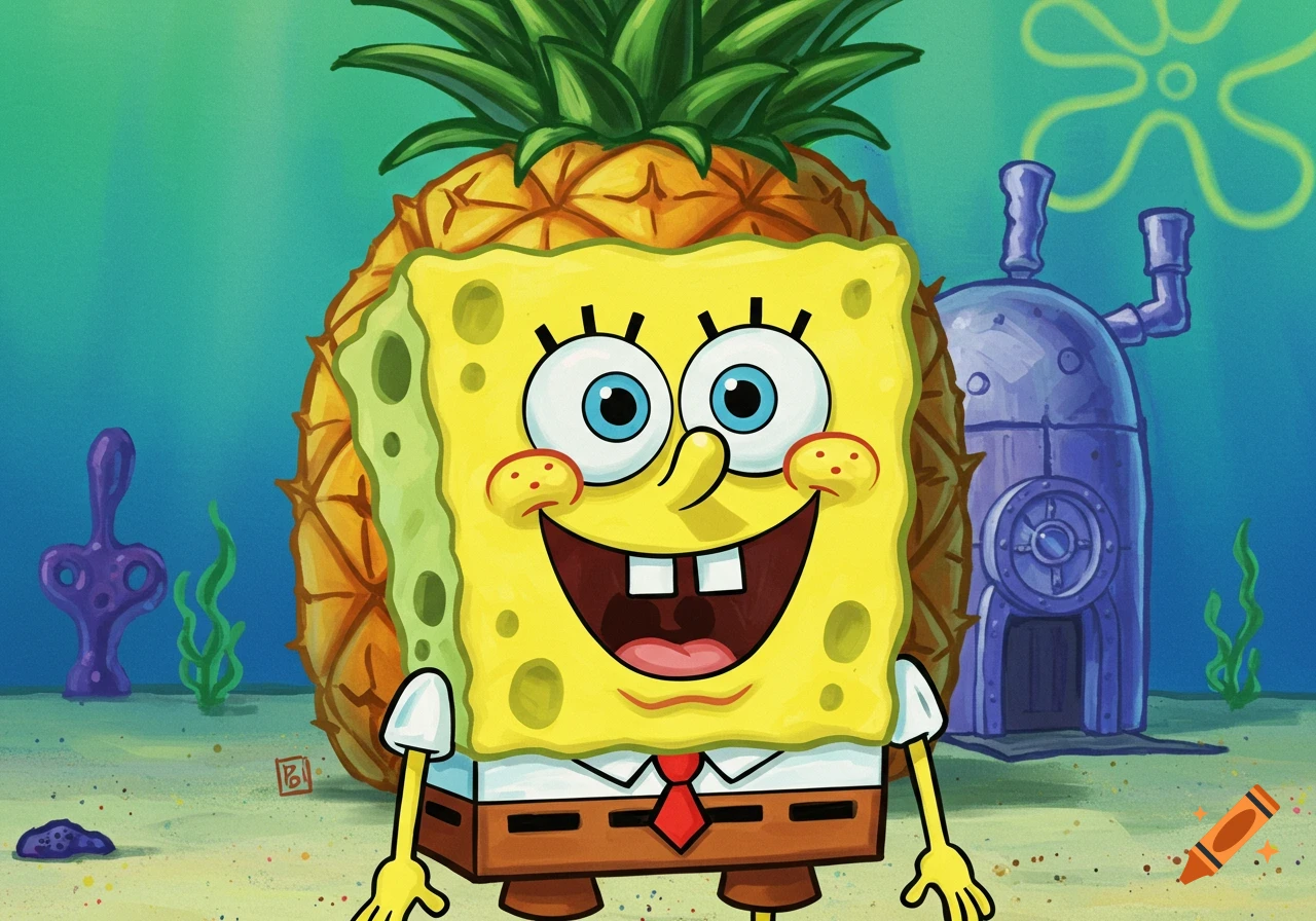 Spongebob smiling in front of his pineapple house underwater.