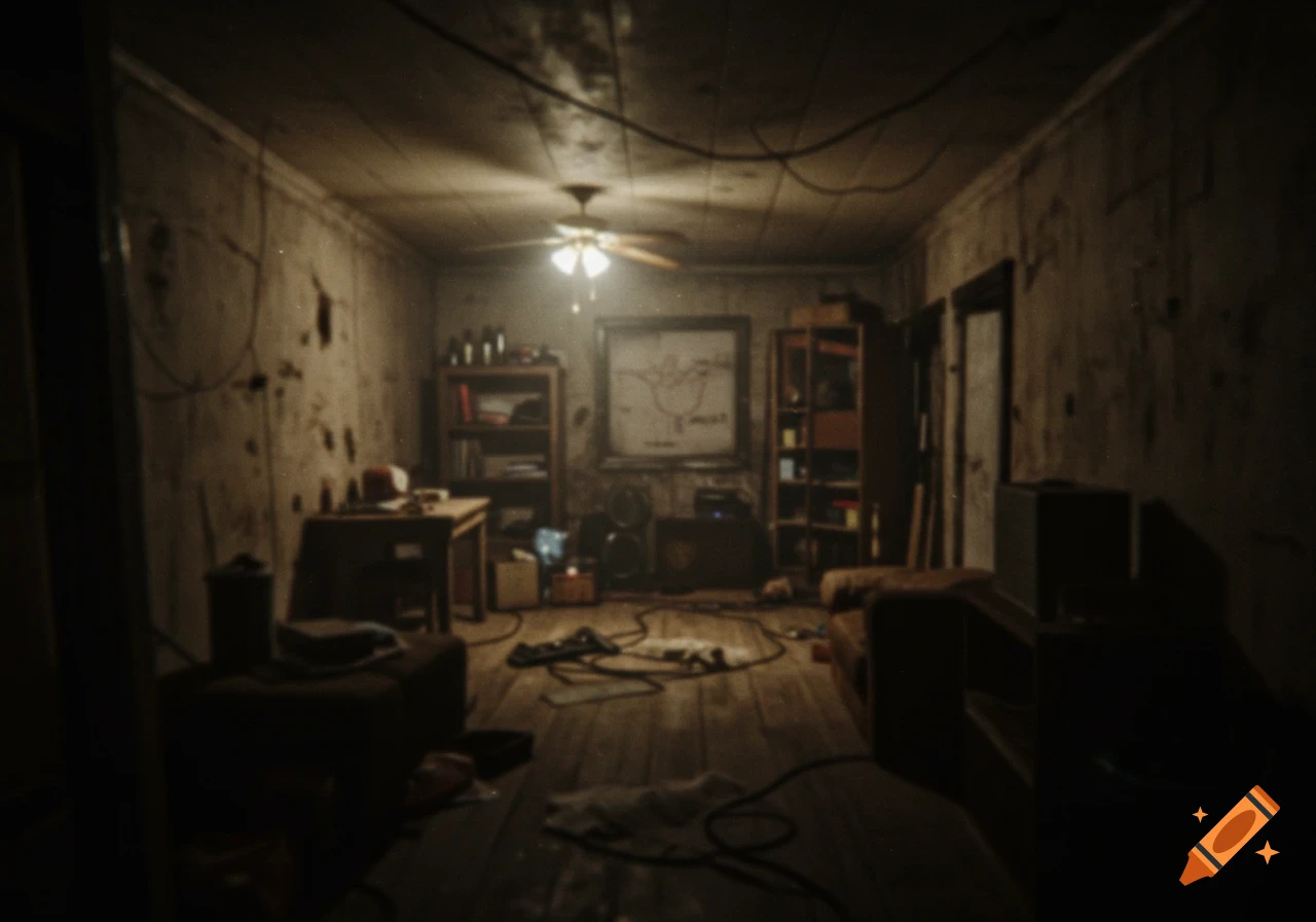 Dimly lit, messy abandoned room with cluttered furniture in a low-quality blurry style.
