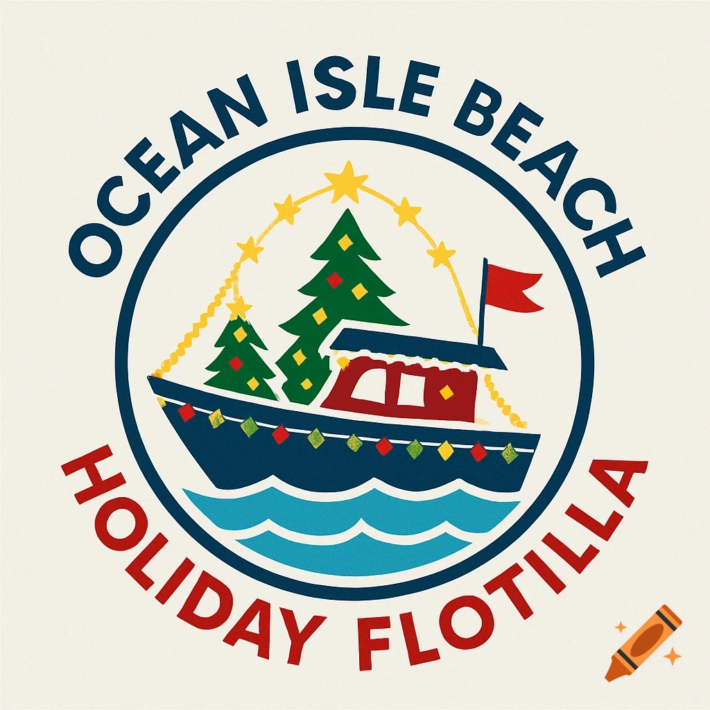Logo for Ocean Isle Beach Holiday Flotilla featuring a boat decorated with Christmas trees and lights.
