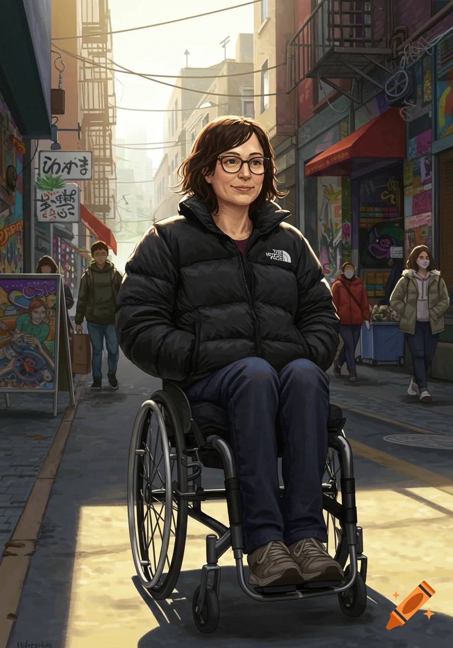 Illustration of a woman in a wheelchair on a busy city street.
