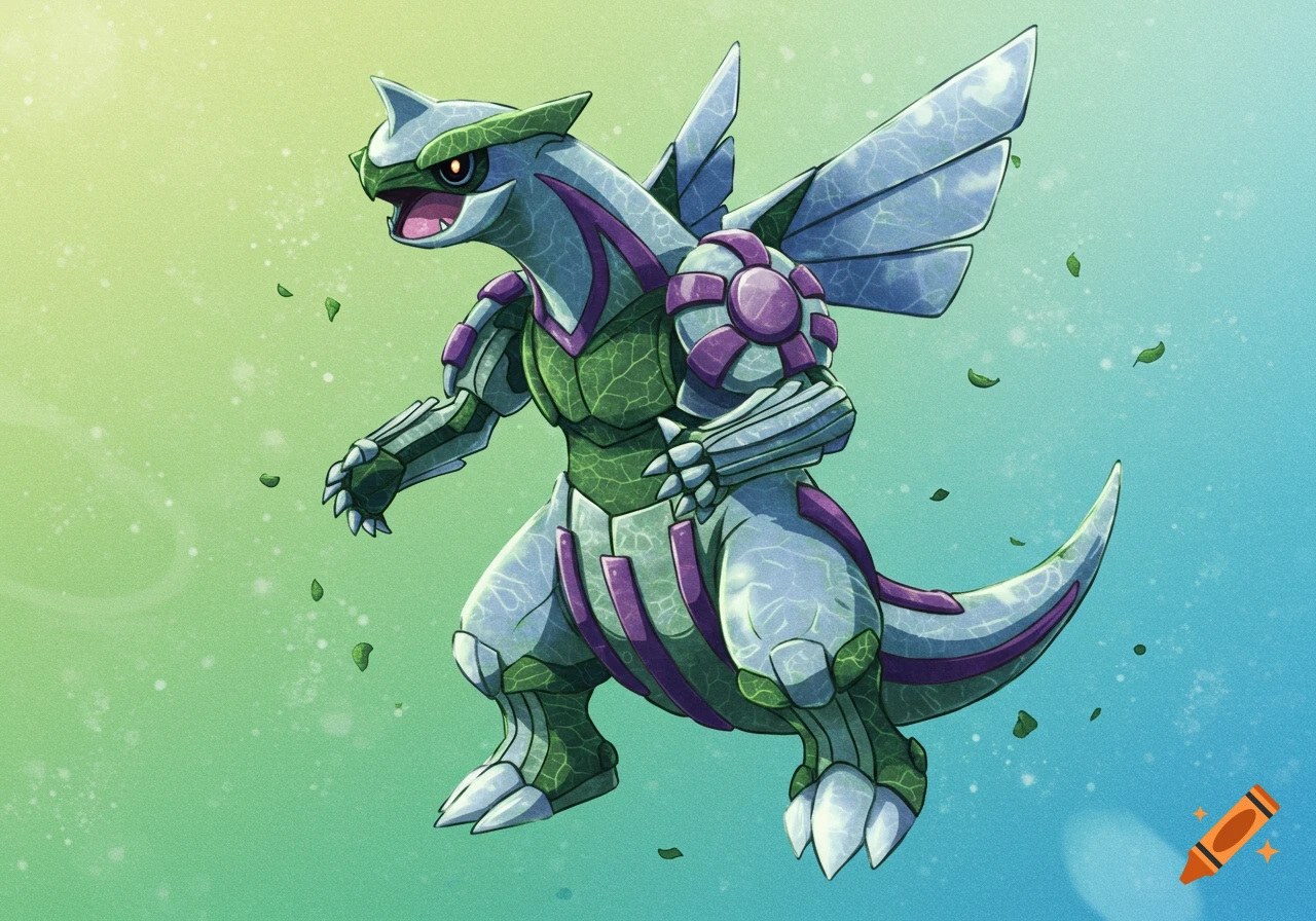 Anime style illustration of the Pokémon Palkia made of kale leaves, with falling leaves and a gradient background.
