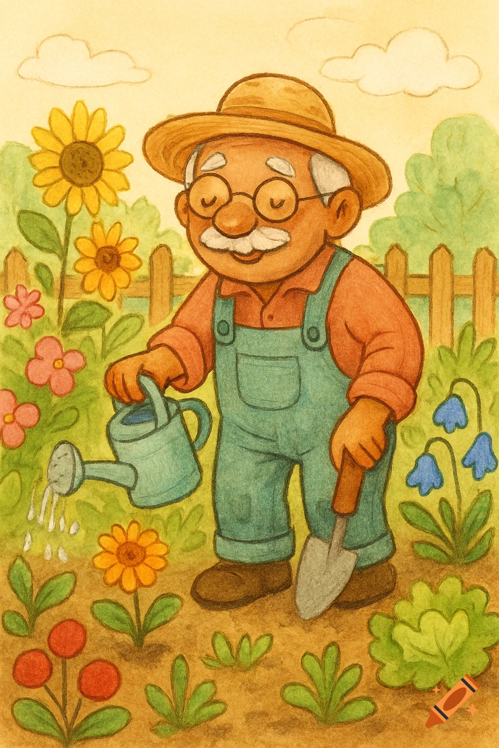 Whimsical children's book illustration of an old man watering a garden.