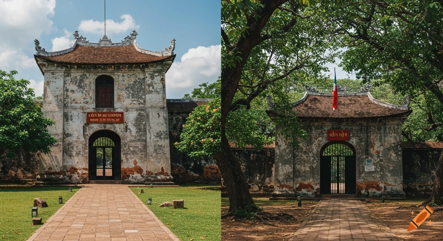 Side-by-side photos of old building entrances with signs, paths, trees, and grass.